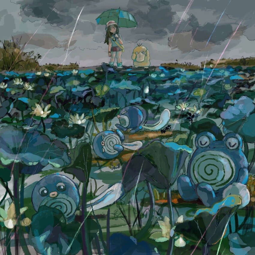 1girl animal_focus arm_at_side bag black_eyes blue_shirt blue_socks brown_hair closed_eyes closed_mouth cloud cloudy_sky day dot_mouth flower from_side full_body gen_1_pokemon grey_sky hand_up hands_on_own_head happy hat head_tilt highres holding holding_umbrella leaf_(pokemon) lily_pad long_hair looking_down loose_socks lying miniskirt nintendo on_side open_mouth outdoors pleated_skirt pokemon pokemon_(creature) pokemon_frlg poliwag poliwhirl profile psyduck rain red_skirt sakusakufugashi shirt shoulder_bag sitting skirt sky sleeping sleeveless sleeveless_shirt smile socks standing u_u umbrella walking white_flower white_headwear