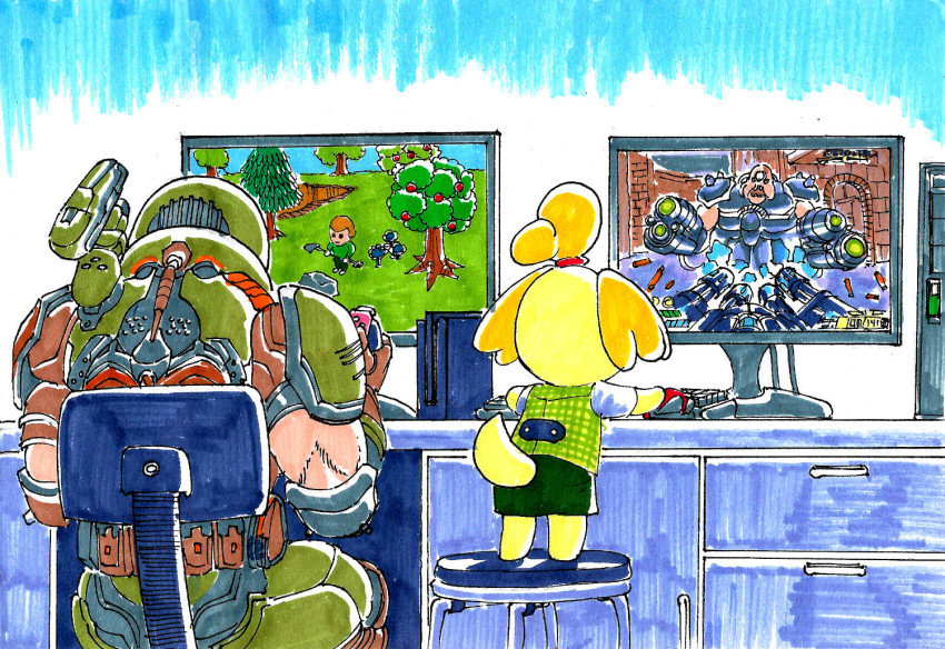1boy 1girl animal_crossing animal_ears armor calligraphy_brush_(medium) chair computer computer_tower crossover dog_ears dog_girl dog_tail doom_(series) doom_eternal doomguy isabelle_(animal_crossing) computer_keyboard mancubus marker_(medium) meta monitor computer_mouse nintendo nintendo_switch office_chair on_chair playing_games power_armor role_reversal shoulder_cannon sitting skirt standing standing_on_chair stool substance20 swivel_chair tail topknot traditional_media villager_(animal_crossing)