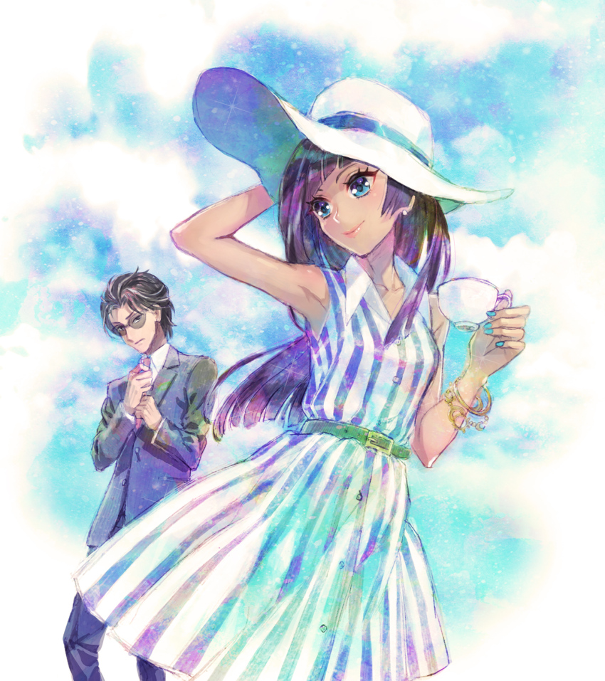 1boy 1girl aomurasaki_tsukiko aqua_nails belt black_hair blue_eyes bracelet character_request commentary_request cup dark-skinned_female dark_skin dress formal_clothes girls_mode girls_mode_4:_star_stylist gold_bracelet hat highres holding holding_cup jewelry long_hair purple_hair setoko513 short_hair sky smile solo_focus striped_clothes striped_dress suit sun_hat sunglasses teacup vertical-striped_clothes vertical-striped_dress white_hat