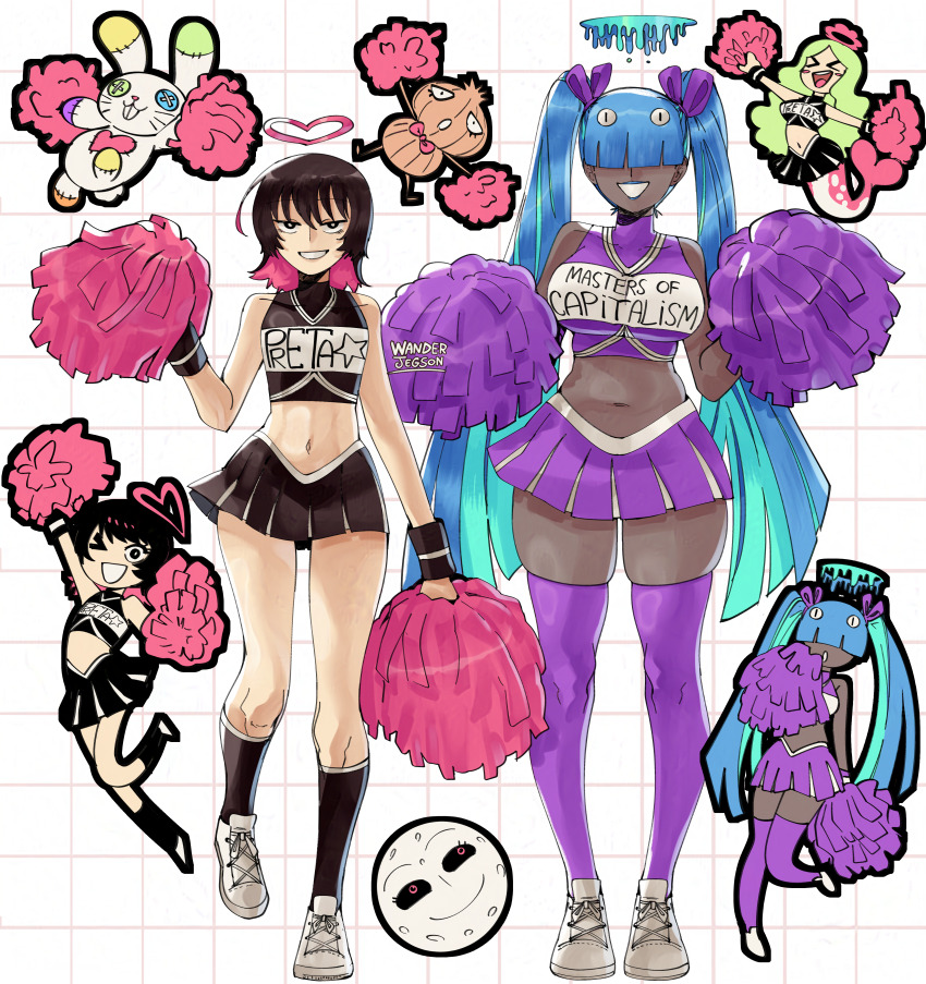 3girls absurdres alternate_costume ana_julia_(wanderjegson) black_hair black_socks blue_hair blue_halo blue_lips blunt_bangs breasts character_name cheering cheerleader chibi chibi_inset colored_inner_hair commentary crop_top cropped_shirt dark-skinned_female dark_skin english_commentary flat_chest full_body full_moon grid grin guilty_heart_of_absolute_evil hair_over_eyes half-closed_eyes halo hands_up heart heart_halo highres holding holding_pom_poms kneehighs large_breasts lipstick liquid_halo long_hair looking_at_viewer makeup melting_halo mermaid midriff miniskirt monster_girl moon moon_with_face multicolored_hair multiple_girls navel one_eye_closed original pink_hair pink_halo pom_pom_(cheerleading) pom_poms preta_(wanderjegson) print_shirt purple_shirt purple_skirt purple_thighhighs shirt shoes short_hair skirt sleeveless sleeveless_shirt smile sneakers socks standing stuffed_animal stuffed_toy thighhighs tiave_(wanderjegson) twintails two-tone_hair very_long_hair wanderjegson white_background white_shoes wristband zettai_ryouiki