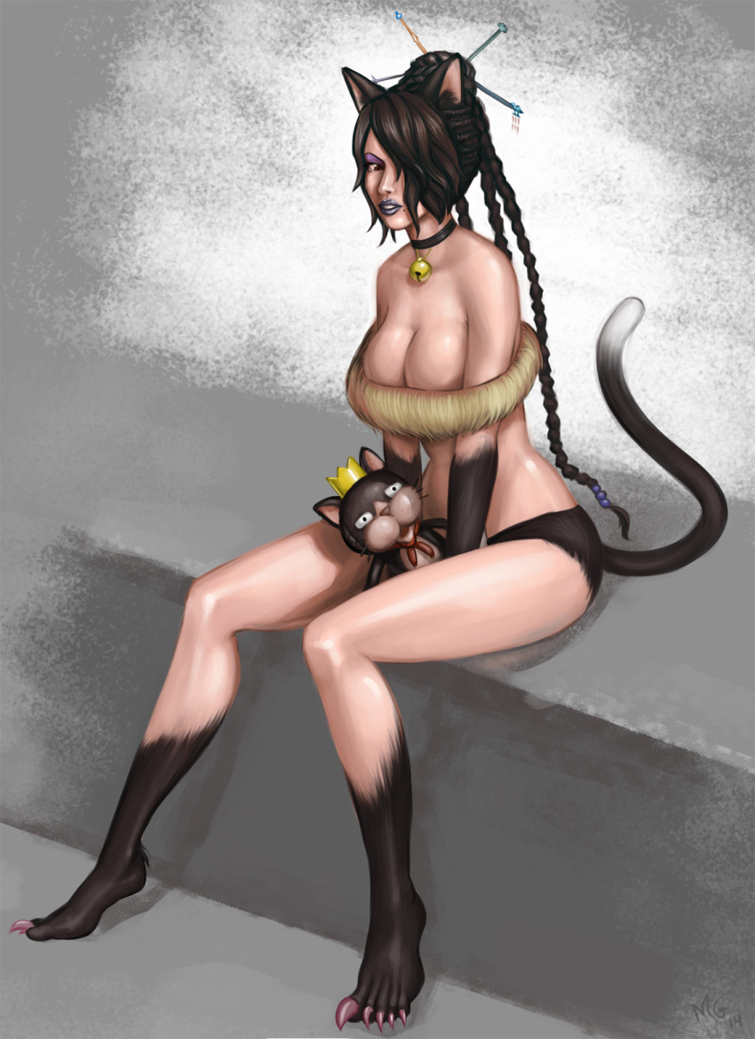 00s 1girl adapted_costume animal_ears animal_hands bare_shoulders bell black_choker black_hair black_panties blue_lips braid breasts cait_sith_(final_fantasy) cat_ears cat_girl cat_tail choker claws cleavage cornrows crown doll eyeshadow female_focus final_fantasy final_fantasy_x full_body fur fur_collar hair_bun hair_ornament hair_over_one_eye hair_stick highres jingle_bell jingle_bell_collar kemonomimi_mode lipstick long_hair lulu_(ff10) makeup mario_grant medium_breasts mole mole_under_mouth neck_bell panties red_eyes single_hair_bun sitting solo stuffed_animal stuffed_cat stuffed_toy tail twin_braids underwear