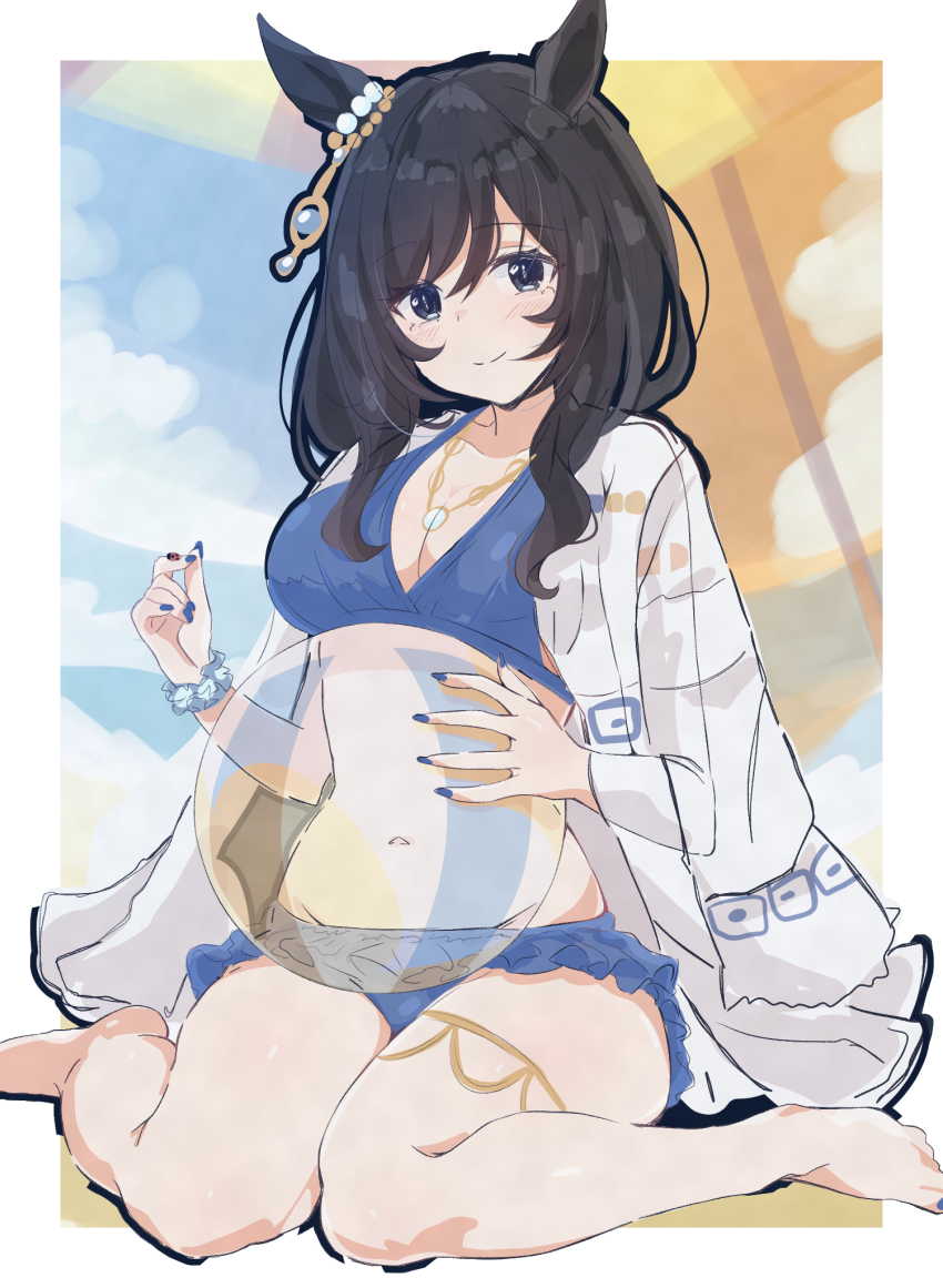 1girl animal_ears barefoot bead_bracelet beads bikini blue_bikini blue_eyes blue_sky bracelet breasts cleavage ear_ornament eishin_flash_(reines_plaetschern)_(umamusume) eishin_flash_(umamusume) highres horse_ears horse_girl jacket jacket_on_shoulders jewelry kannagiray long_sleeves looking_at_viewer medium_breasts midriff navel official_alternate_costume official_alternate_hairstyle sitting sky smile solo swimsuit umamusume wariza white_jacket