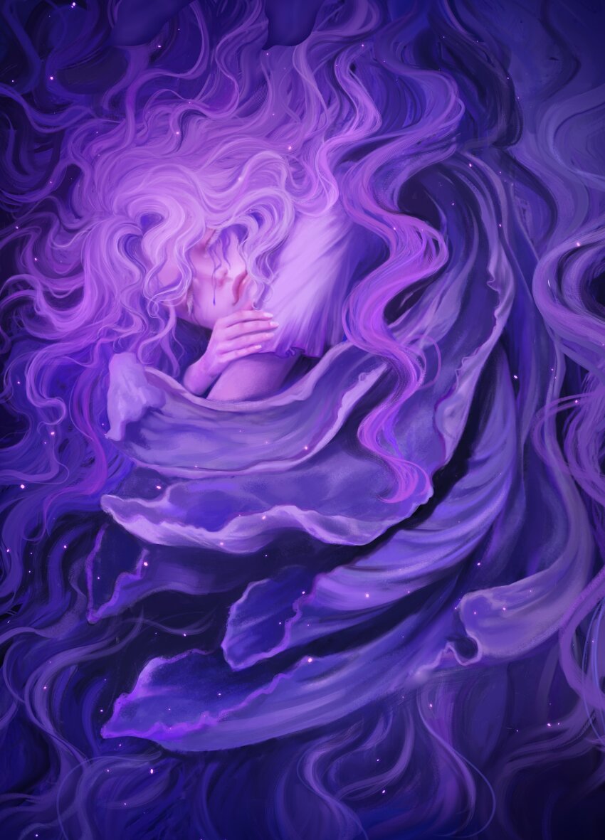 1girl absurdres caio_santos closed_eyes elden_ring elden_ring:_shadow_of_the_erdtree head_rest highres light_smile long_hair purple_hair robe sleeping solo st._trina_(elden_ring)