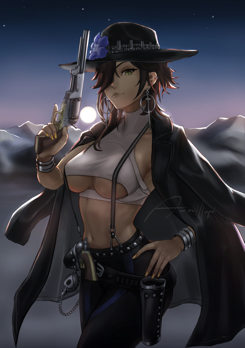 1girl absurdres amsu111apd artist_name black_hair black_pants breasts colt_walker colt_walker_(girls&#039;_frontline) commentary commentary_request cowboy_hat cowboy_shot earrings english_commentary girls&#039;_frontline green_eyes gun hair_over_one_eye handgun hat highres holding holding_gun holding_weapon jewelry large_breasts light_smile long_hair looking_at_viewer mixed-language_commentary outdoors pants revolver solo underboob weapon yellow_nails