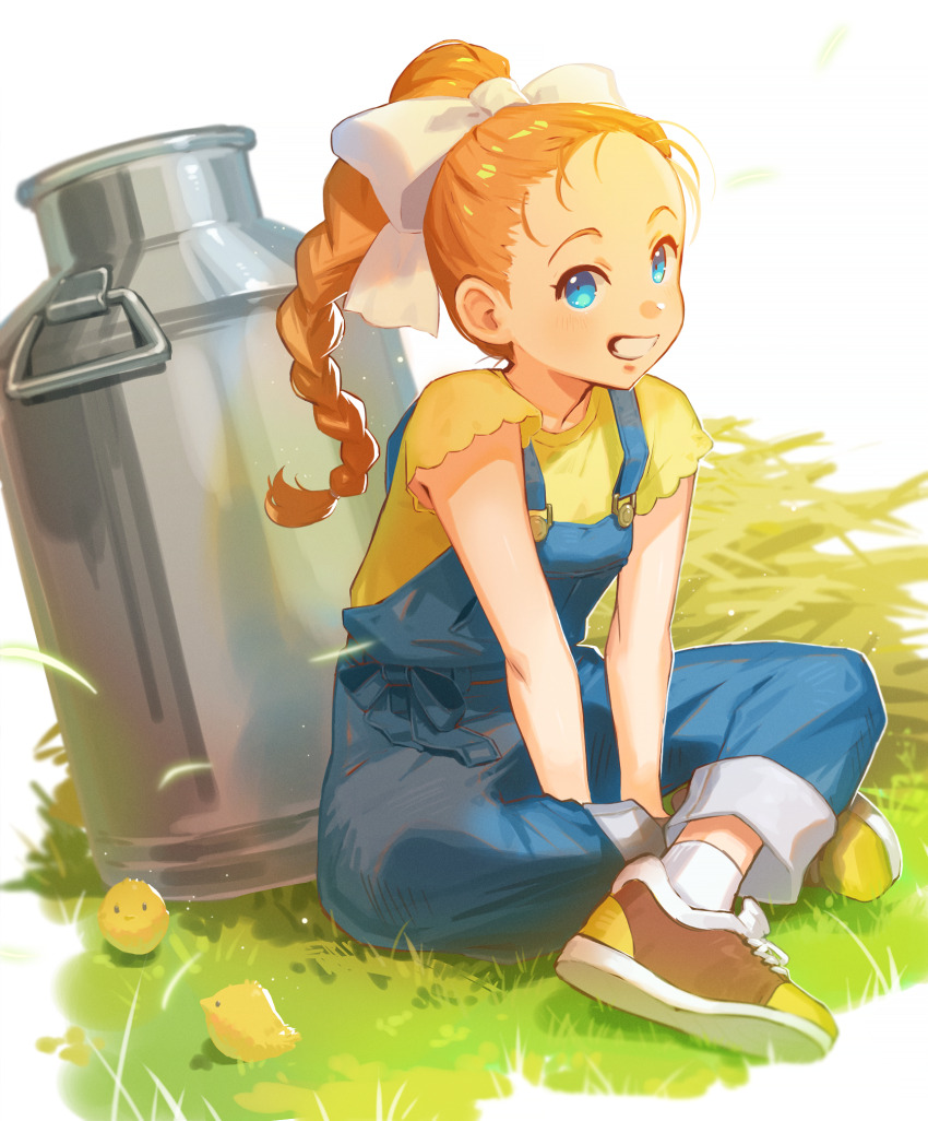 1girl animal bird blue_eyes blue_overalls bokujou_monogatari bottle bow braid braided_ponytail breasts brown_footwear chick crossed_legs full_body grin hair_bow hair_pulled_back hay highres long_hair looking_at_viewer milk_bottle nshi on_ground overalls ran_(bokujou_monogatari) shirt shoe_soles shoes short_sleeves single_braid sitting small_breasts smile sneakers v_arms white_background white_bow yellow_shirt