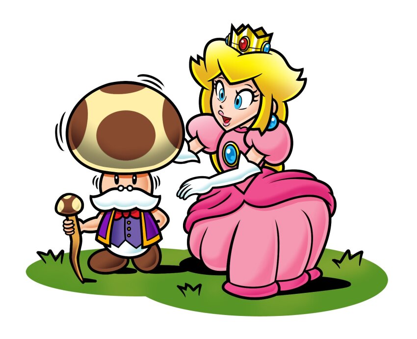 1boy 1girl blonde_hair blue_eyes bow bowtie cane crown doc_shoddy dress earrings elbow_gloves facial_hair glasses gloves highres jewelry mario_(series) mustache nintendo on_grass open_mouth pink_dress princess_peach purple_vest red_bow red_bowtie simple_background toadsworth vest white_background white_gloves