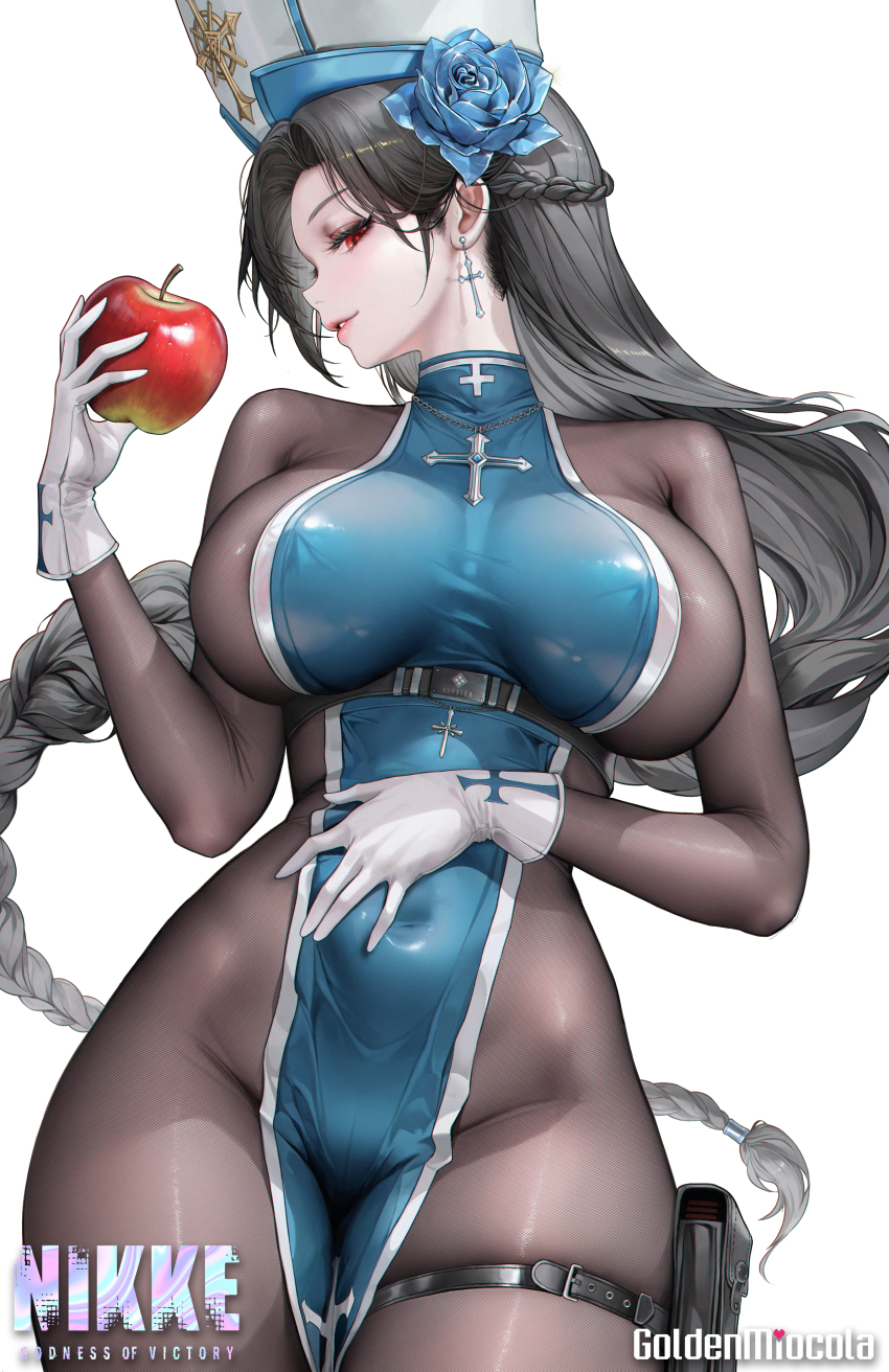 1girl absurdres apple black_hair bodystocking braid braided_ponytail breasts copyright_name covered_erect_nipples cross cross_earrings earrings flower food from_side fruit gloves goddess_of_victory:_nikke goldenmiocola hair_flower hair_ornament highres holding holding_food holding_fruit ice_flower impossible_clothes jewelry large_breasts lips long_hair looking_at_viewer maiden_(ice_rose)_(nikke) maiden_(nikke) mixed-language_commentary official_alternate_costume red_eyes simple_background single_braid solo thigh_strap variant_set very_long_hair white_background white_gloves