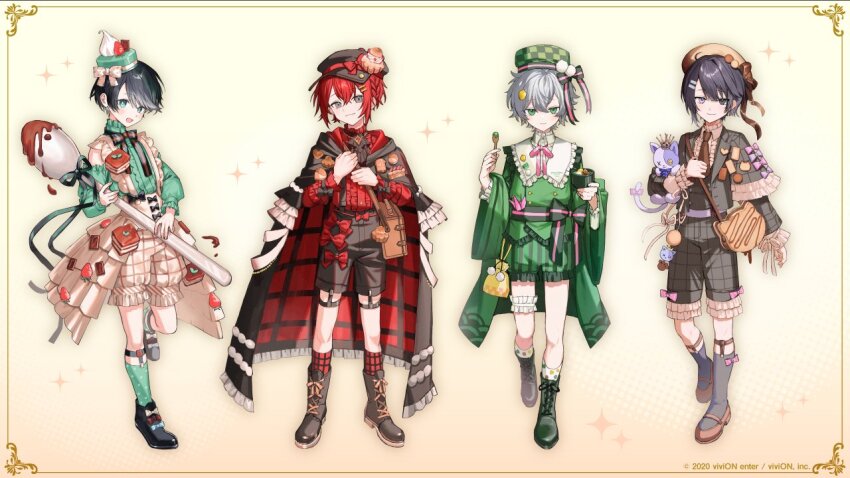 4boys :d anmitsu_(dessert) aqua_eyes aqua_hat aqua_shirt aqua_socks arm_at_side ascot badge bag belt beret black_ascot black_bow black_bowtie black_cloak black_eyes black_footwear black_hair black_ribbon boots bow bow_legwear bowl bowtie braid brioche brown_footwear brown_hat brown_necktie brown_ribbon button_badge newsboy_cap cake cake_hat center_frills chajinbou charm_(object) checkered_clothes checkered_hat chocolate cloak clock_over_orquesta closed_mouth collared_shirt colored_tips cookie double-parted_bangs food food-themed_bag food-themed_hair_ornament food-themed_hat_ornament footwear_bow frilled_cloak frilled_shirt_collar frilled_shorts frilled_sleeves frilled_thigh_strap frills fruit full_body furisode_sleeves fuwa_tokihito green_eyes green_footwear green_hat green_jacket green_sash green_shorts grey_eyes grey_footwear grey_hair grey_jacket grey_shorts grey_vest hair_between_eyes hair_ornament hairclip hand_up harumi_kazuto hat hat_bow hat_ornament heterochromia holding holding_bowl holding_spoon holding_stuffed_toy ice_cream ice_cream_sandwich jacket kinchaku kokonoe_konoe lace-up_boots lapels layered_sleeves legwear_garter long_sleeves looking_at_viewer male_focus matcha_(food) mini_hat multicolored_hair multiple_boys nana_tetra neck_ribbon necktie notched_lapels official_art open_clothes open_jacket open_mouth origami oversized_object paper_crane pillbox_hat pink_ribbon plaid_clothes plaid_jacket plaid_shorts plaid_socks polka_dot polka_dot_legwear pom_pom_hat_ornament pouch puritan_collar purple_belt purple_eyes red_cloak red_hair red_ribbon red_shirt red_socks ribbon sash seigaiha shirt short_hair short_over_long_sleeves short_sleeves shorts shorts_under_skirt shoulder_bag showgirl_skirt side_braid sidelocks skirt sleeve_bow sleeve_cuffs smile socks spoon standing strawberry striped_bow striped_bowtie striped_clothes striped_shorts stuffed_animal stuffed_cat stuffed_toy suspender_shorts suspender_skirt suspenders swept_bangs thigh_strap tiramisu tokito_reiji two-sided_cloak two-sided_fabric vest white_ribbon white_shirt white_skirt white_socks wide_sleeves yellow_background