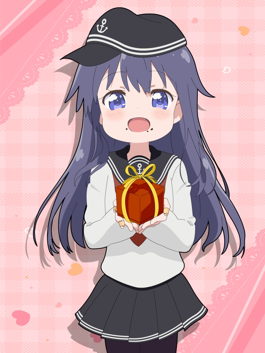 1girl akatsuki_(kancolle) anchor_symbol bandaid bandaid_on_hand black_hat black_pantyhose black_sailor_collar black_skirt blush box cowboy_shot flat_cap gift gift_box hat highres holding holding_gift kantai_collection long_hair long_sleeves looking_at_viewer neckerchief open_mouth pantyhose parody pleated_skirt purple_eyes purple_hair red_neckerchief sailor_collar school_uniform serafuku skirt smile solo style_parody sugapi watashi_ni_tenshi_ga_maiorita!
