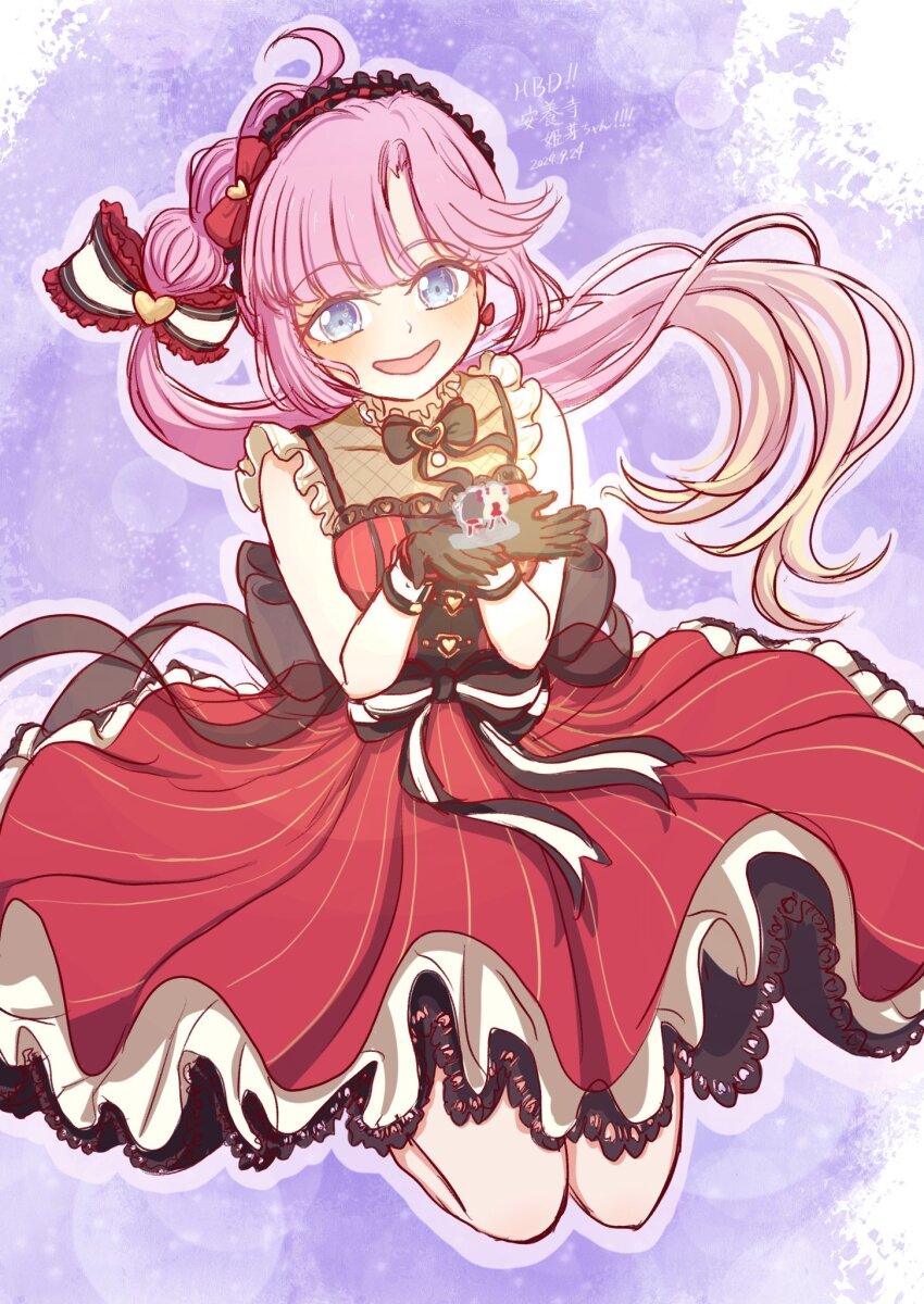 1girl :d acrylic_stand_(object) ahoge alt_text anyoji_hime blonde_hair blue_eyes blunt_bangs blush bow character_name commentary_request dated dress frilled_bow frilled_dress frilled_hairband frills fujishima_megumi full_body gradient_hair hair_bow hairband happy_birthday highres in_palm lace lace-trimmed_dress lace_trim legs_up link!_like!_love_live! long_hair looking_at_viewer love_live! medium_dress mira-cra_park! miracreation multi-tied_hair multicolored_hair official_alternate_costume open_mouth osawa_rurino pink_hair pinstripe_dress pinstripe_pattern ponytail purple_background red_dress red_hairband seiha_(hnumkt) sidelocks smile solo swept_bangs very_long_hair virtual_youtuber white_bow