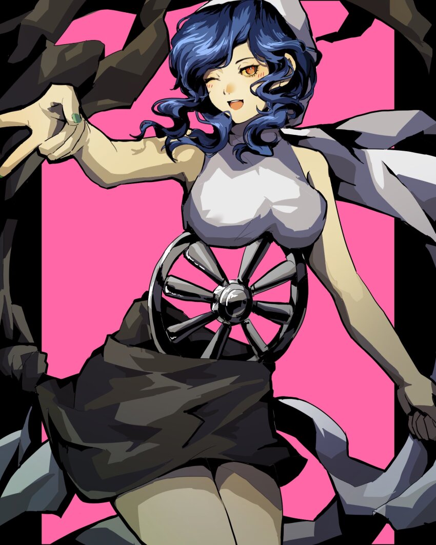 1girl 4me3ba_niku :d black_border blue_hair border breasts fortuna_(megami_tensei) green_nails highres large_breasts long_hair nail_polish one_eye_closed open_mouth outside_border pink_background shin_megami_tensei simple_background smile solo v wavy_hair wheel yellow_eyes