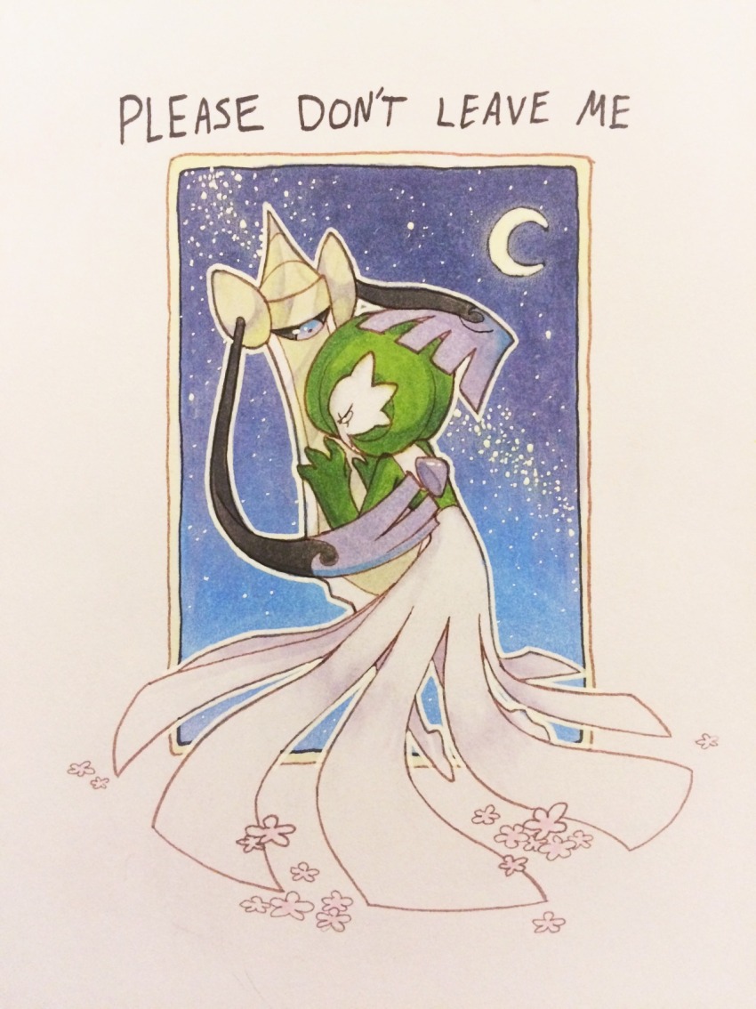 aegislash bob_cut closed_eyes colored_skin crescent_moon dress flower gardevoir gen_3_pokemon gen_6_pokemon green_hair green_skin highres hug moon multicolored_skin nintendo one-eyed pink_flower pokemon pokemon_(creature) purple_eyes two-tone_skin white_dress white_skin xyliaxart