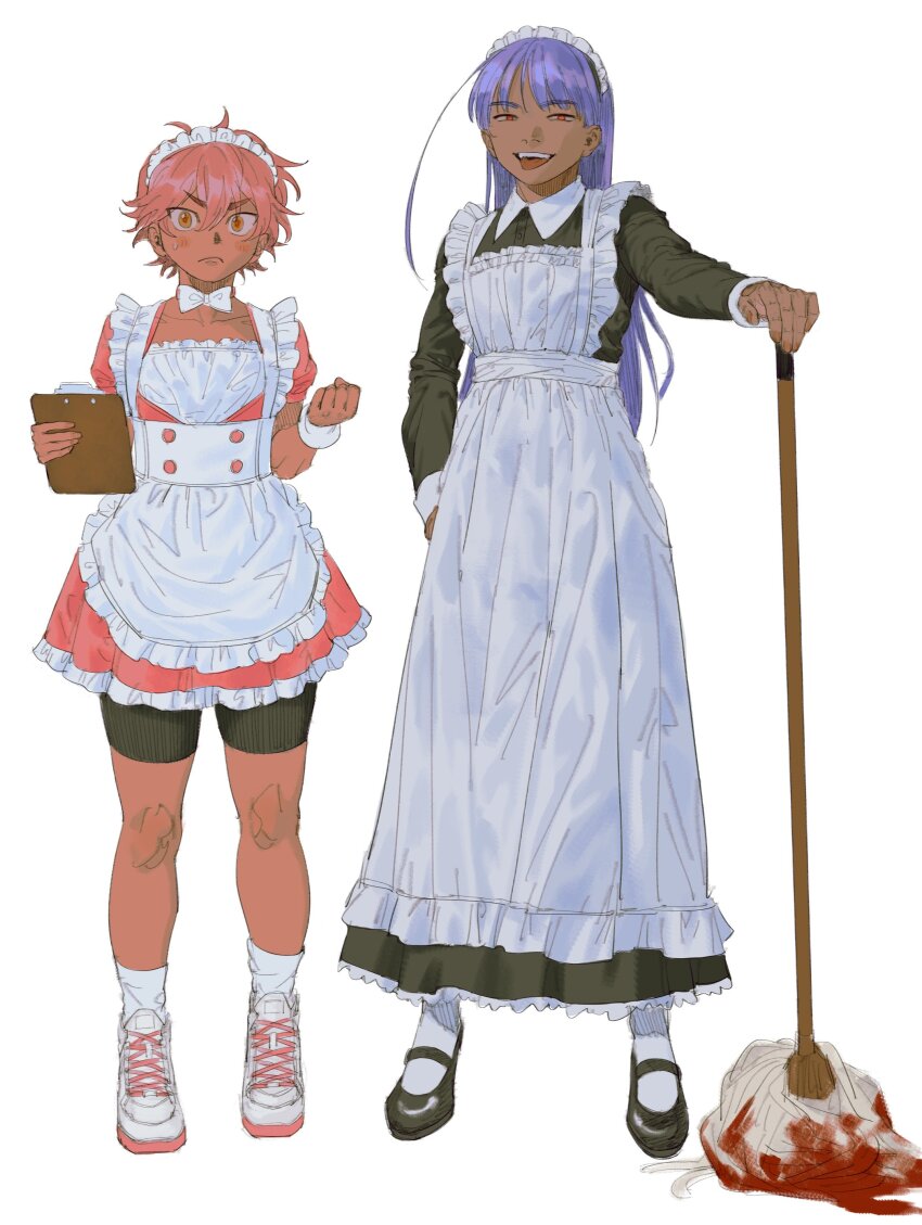 2girls absurdres ahoge apron bike_shorts black_dress black_footwear blood clipboard collared_shirt dark_skin dress frills hair_between_eyes highres holding holding_clipboard huge_ahoge long_dress long_hair long_sleeves looking_at_viewer maid maid_apron maid_headdress mary_janes mop multiple_girls original pink_dress pink_hair red_eyes shirt shoes short_hair short_sleeves smile sneakers socks standing strawberryjamm teeth tongue tongue_out white_background white_socks yellow_eyes