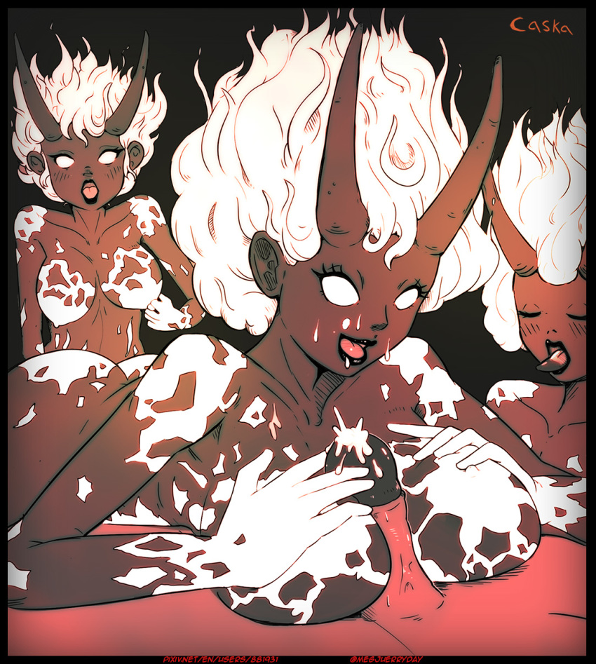 3girls blank_eyes breasts caska_(artist) colored_skin cum fiery_hair fire highres horns multiple_girls nipples odin_sphere paizuri red_skin solo sword vanillaware vulcan_(odin_sphere) weapon
