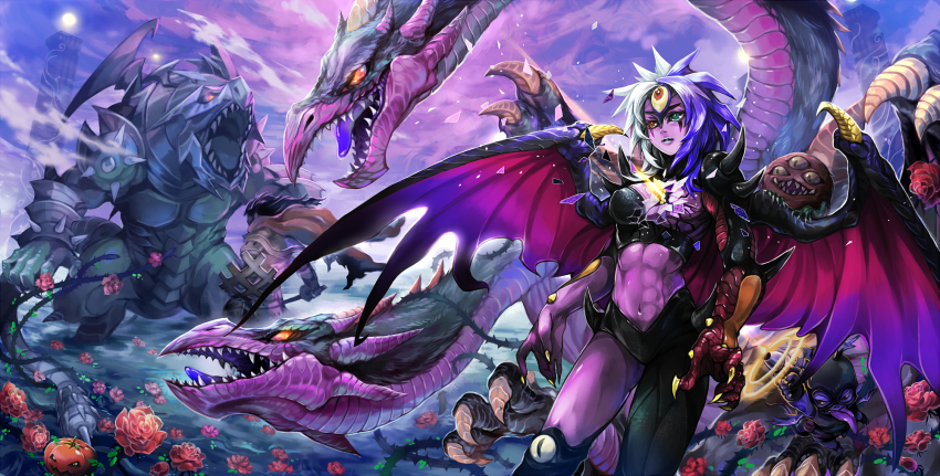 1girl armageddon_knight armed_dragon chinchira cowboy_shot dark_armed_dragon demon_girl demon_wings dragon dragon_horns duel_monster flower highres horns long_hair multicolored_hair mystic_tomato open_mouth plant red_flower red_rose rose sangan sharp_teeth smile snipe_hunter spiked_hair spikes split-color_hair standing sun teeth third_eye vines wings yu-gi-oh! yu-gi-oh!_gx yubel yubel_-_terror_incarnate
