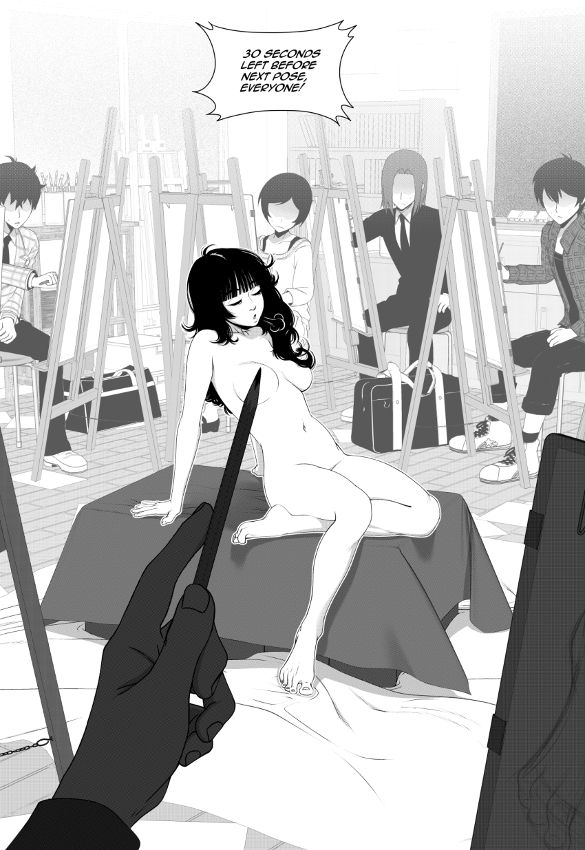 2girls 4boys bag barefoot breasts canvas_(object) closed_eyes commentary completely_nude convenient_censoring english_commentary english_text faceless faceless_female faceless_male greyscale hair_censor hair_over_breasts hair_over_one_breast highres kusujinn long_hair modeling monochrome multiple_boys multiple_girls navel nude nude_modeling original paid_reward_available parted_lips school_bag school_uniform short_hair sitting socks solo_focus