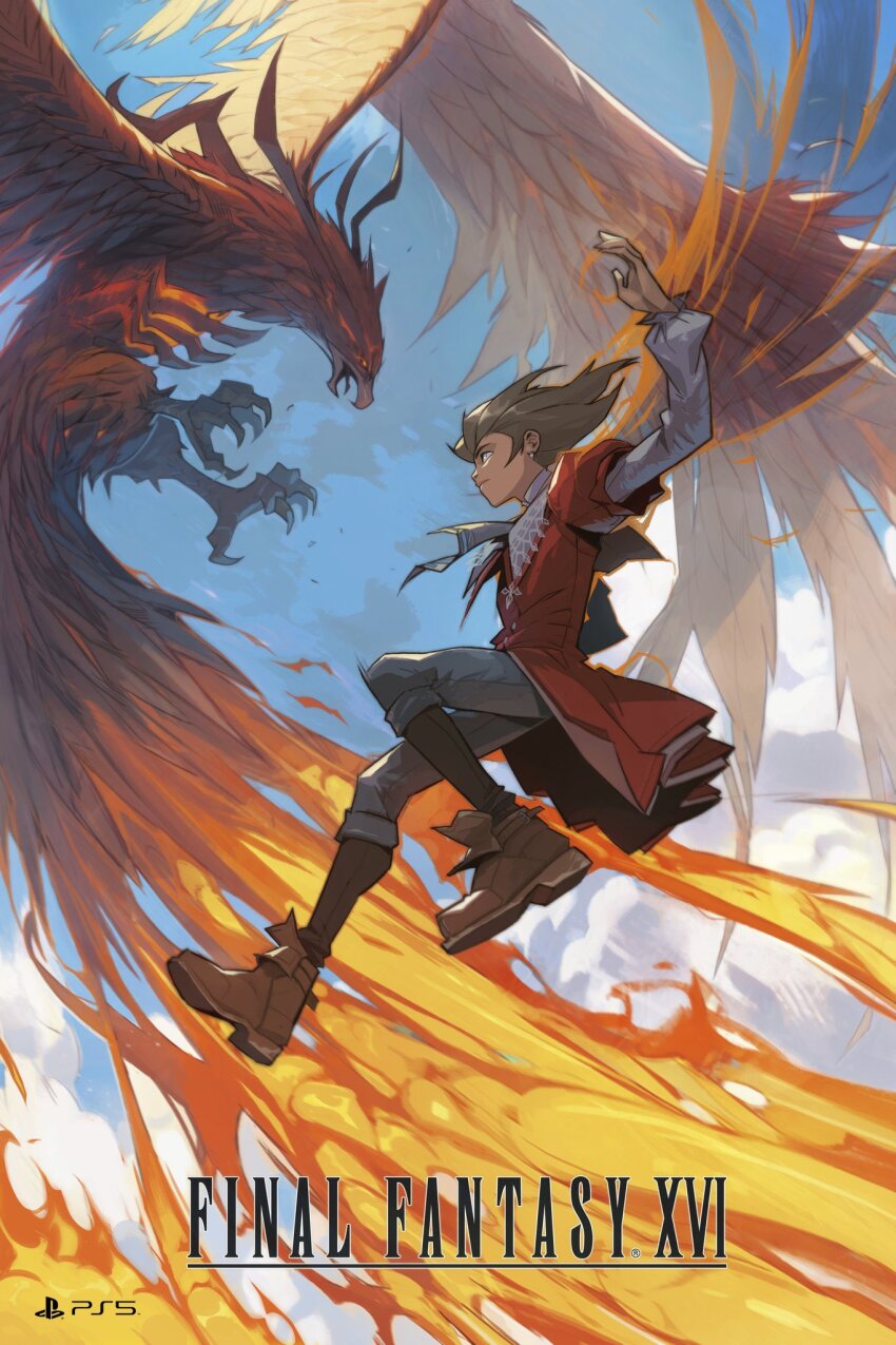 1boy arm_up bird black_socks blue_pants brown_hair brown_shoes child closed_mouth copyright_name day earrings final_fantasy final_fantasy_xvi fire full_body hicham_habchi highres jacket jewelry joshua_rosfield jumping long_hair long_sleeves male_focus outdoors pants phoenix phoenix_(final_fantasy) profile red_jacket shoes socks solo