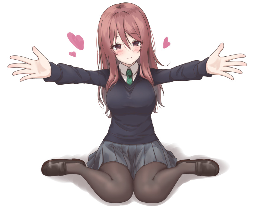 1girl black_shoes blue_sweater_vest blush breasts brown_eyes brown_hair collared_shirt filene_p green_necktie grey_skirt hair_between_eyes heart highres large_breasts light_smile loafers long_hair looking_at_viewer necktie outstretched_arms pantyhose pleated_skirt princess_connect! school_uniform shirt shizuru_(princess_connect!) shizuru_(real)_(princess_connect!) shoes simple_background sitting skirt solo straight_hair sweater_vest wariza white_background white_shirt