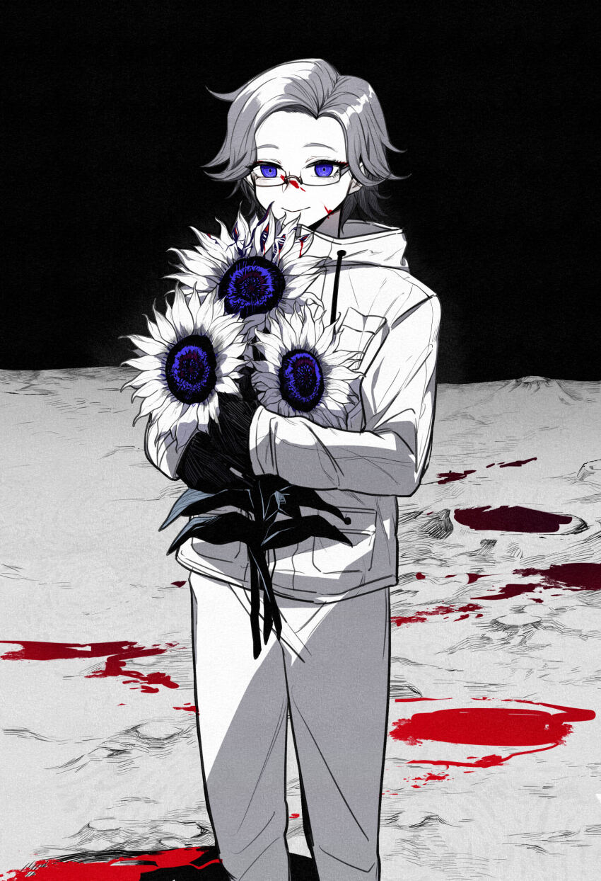 1boy absurdres aotsuki_eito blood blood_on_face blood_on_flower blood_on_ground blood_on_neck commentary cowboy_shot drawstring feet_out_of_frame flower glasses gloves greyscale highres holding holding_flower jacket looking_at_viewer male_focus monochrome moon on_moon pants purple_eyes short_hair solo space spot_color sunflower symbol-only_commentary the_hundred_line_-last_defense_academy- ziling