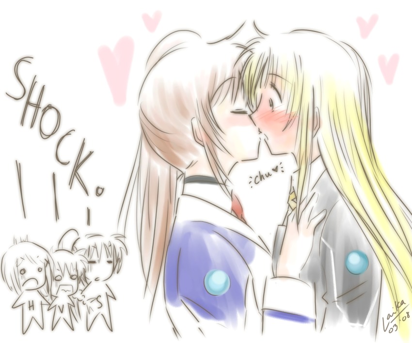 5girls blonde_hair blush brown_hair closed_eyes couple embarrassed fate_testarossa heart highres kiss long_hair lyrical_nanoha mahou_shoujo_lyrical_nanoha mahou_shoujo_lyrical_nanoha_strikers military_uniform multiple_girls side_ponytail signum surprised takamachi_nanoha vivio wide-eyed yagami_hayate yuri