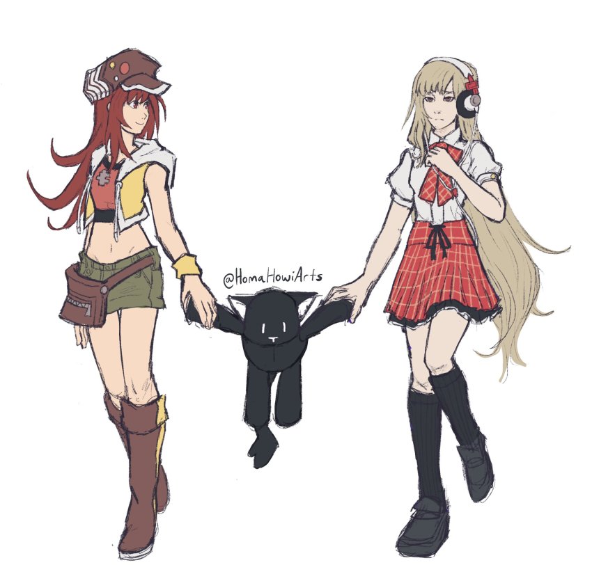 2girls black_footwear black_socks boots brown_eyes newsboy_cap closed_mouth fanny_pack full_body green_skirt grey_hair hat headphones highres hip_bones holding holding_stuffed_toy hood hooded_jacket jacket knee_boots long_hair matching_hair/eyes matsunae_tsugumi midriff miniskirt misaki_shiki multiple_girls navel nyantan red_eyes red_hair red_shirt school_uniform shin_subarashiki_kono_sekai shirt shirt_tucked_in skirt sleeveless sleeveless_jacket smile socks stuffed_animal stuffed_cat stuffed_toy subarashiki_kono_sekai white_shirt wristband yellow_jacket