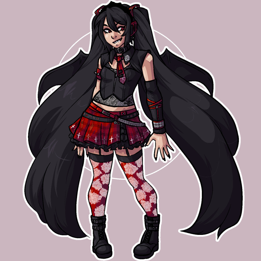 1girl absurdly_long_hair alternate_color alternate_costume alternate_eye_color alternate_hair_color bat_wings belt black_boots black_hair black_nails black_shirt boots calf_boots closed_eyes cosplay cross cross_print female_focus fingernails floral_print floral_print_thighhighs full_body gothic_anime_angel_(suzuhira_hiro) gothic_anime_angel_(suzuhira_hiro)_(cosplay) grin hair_between_eyes hatsune_miku ilasja leather leather_boots long_hair multiple_belts necktie open_mouth plaid_clothes plaid_skirt pleated_skirt red_eyes red_necktie red_thighhighs shirt simple_background skirt smile solo standing studded_belt studded_wristband teeth thighhighs twintails very_long_hair vest white_thighhighs wings wristband zatsune_miku