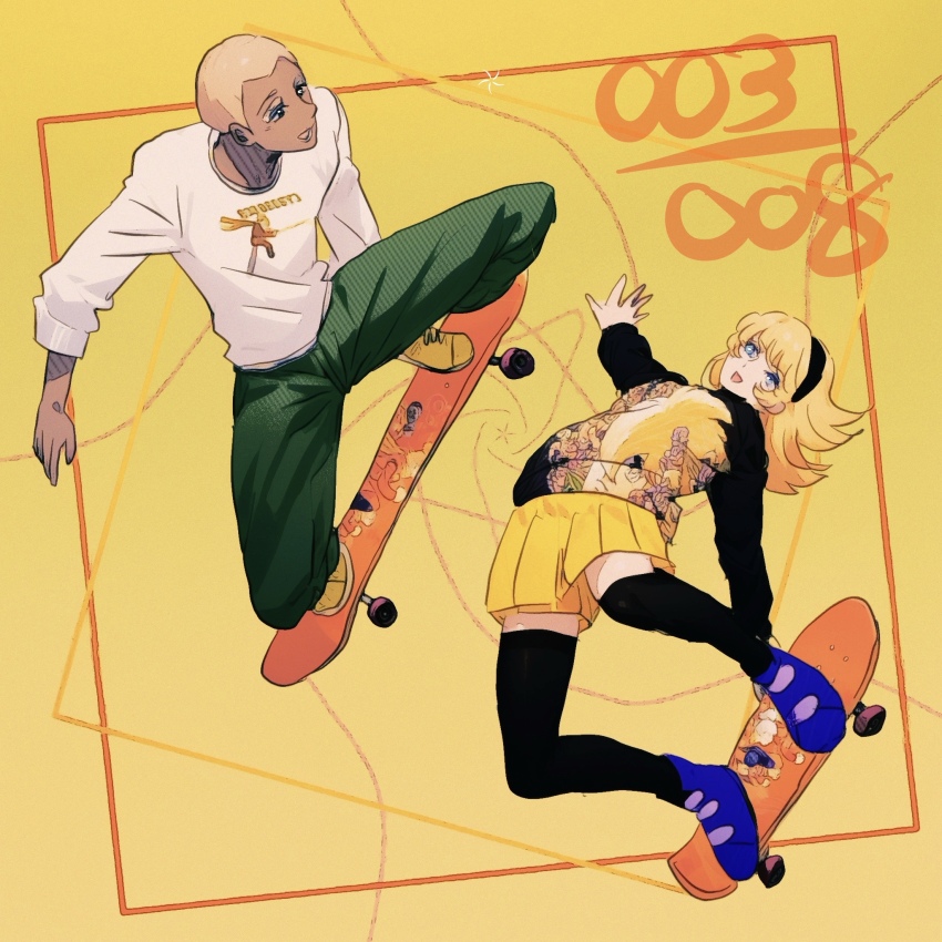 1boy 1girl black_coat black_hairband black_thighhighs blonde_hair blue_eyes blue_shoes coat cyborg_009 dynamic_pose francoise_arnoul green_pants hairband highres long_hair pants pyunma sariokisu shoes skateboard skirt thighhighs white_coat yellow_shoes yellow_skirt