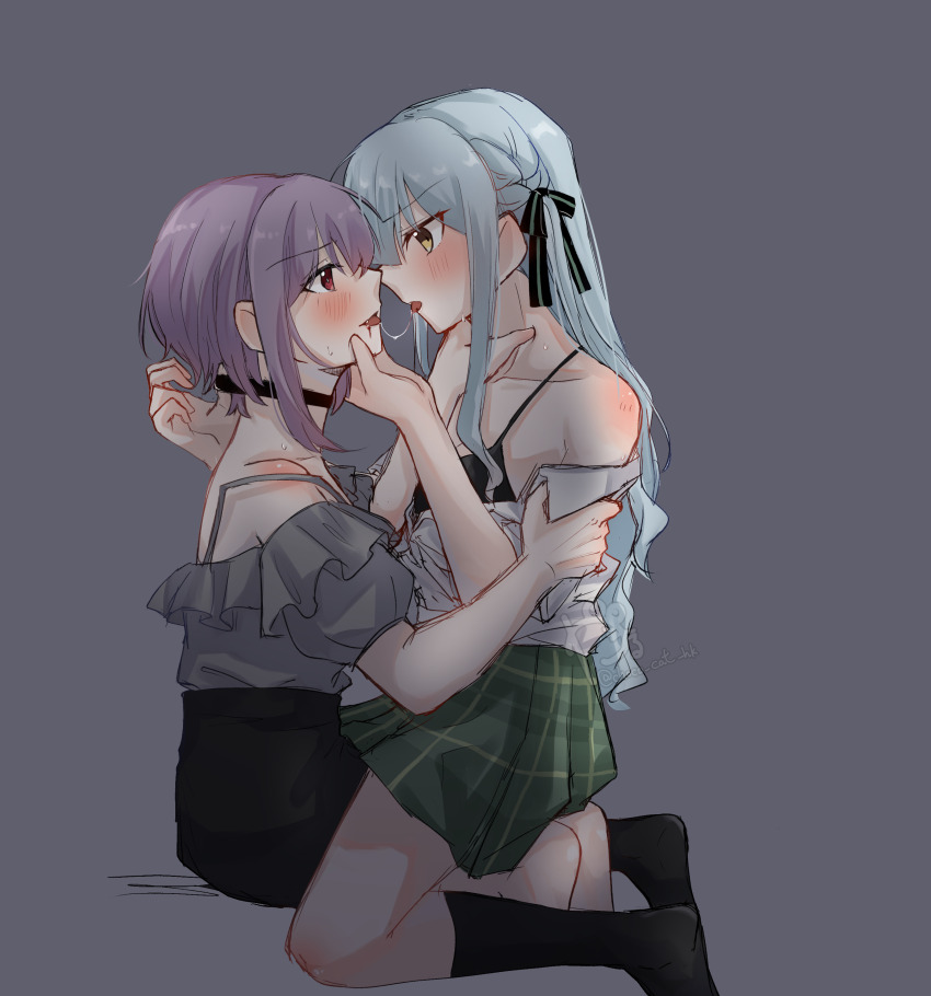 2girls absurdres after_kiss bang_dream! bang_dream!_it&#039;s_mygo!!!!! black_bra black_choker black_ribbon black_skirt black_socks blood blood_from_mouth blue_hair blush bra choker choker_pull clothes_grab clothes_pull collar_grab commentary_request eye_contact fang green_skirt grey_background grey_shirt hair_ribbon haneoka_school_uniform highres kaeru_(kaeee41917105) long_hair looking_at_another multiple_girls neck_grab neckwear_grab off-shoulder_shirt off_shoulder open_mouth pleated_skirt purple_hair red_eyes ribbon saliva saliva_trail school_uniform shirt shirt_pull short_hair simple_background sitting sitting_on_lap sitting_on_person skirt socks sweat togawa_sakiko tongue tongue_out underwear white_shirt yellow_eyes yuri yuutenji_nyamu