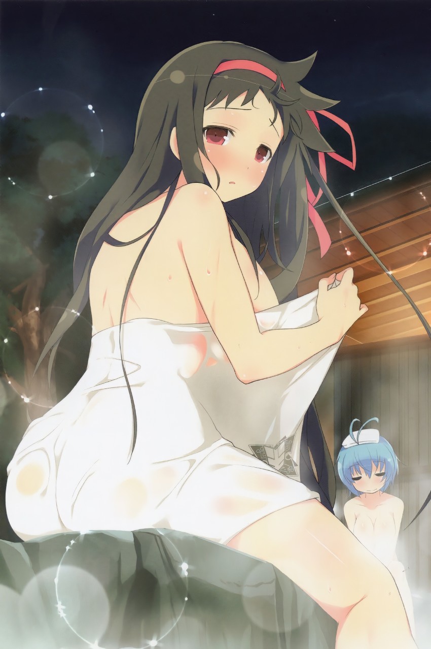 2girls absurdres ass ayame_(senran_kagura) blush breasts cleavage highres large_breasts multiple_girls naked_towel onsen seimei_(senran_kagura) senran_kagura senran_kagura_new_wave towel towel_pull wet