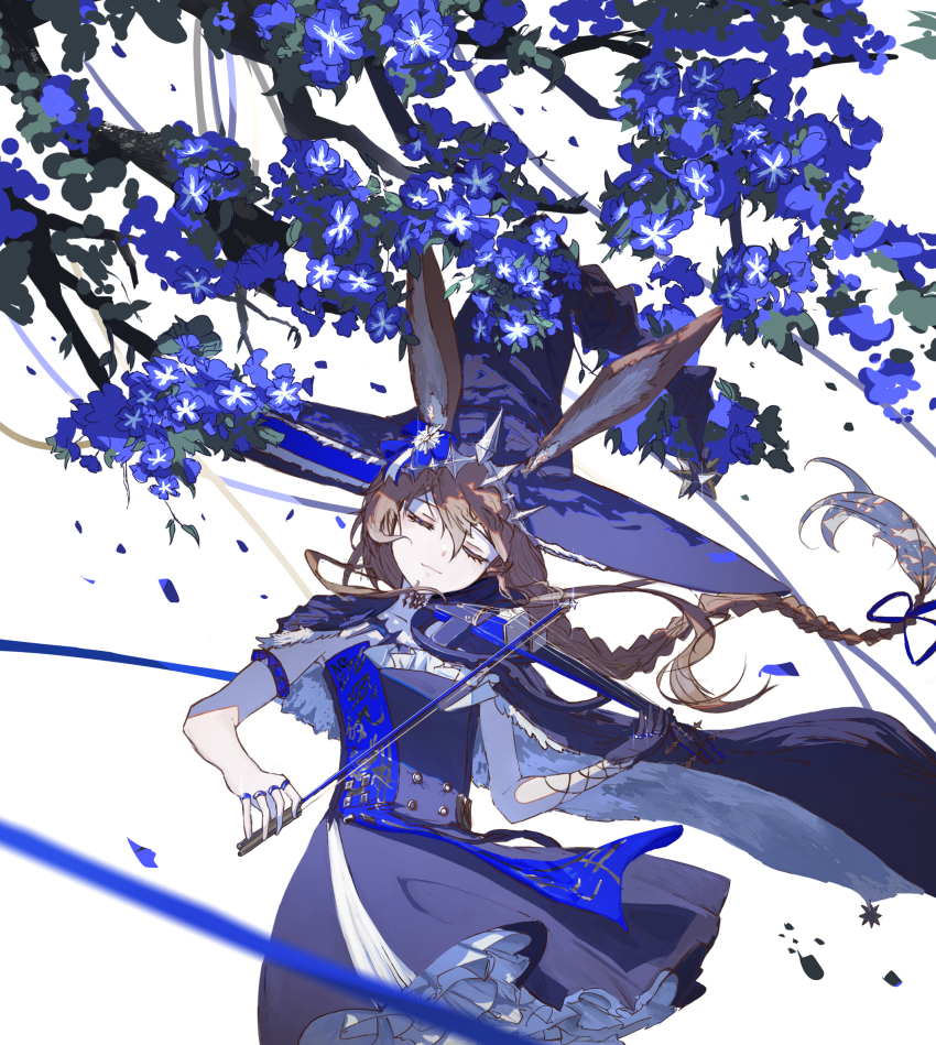 1girl amiya_(arknights) amiya_(medic)_(arknights) amiya_(medic)_(solo_around_the_world)_(arknights) animal_ears arknights black_cape black_dress blue_flower bow_(music) braid brown_hair cape closed_eyes commentary_request dress facing_viewer flower flower_request highres holding holding_bow_(music) holding_instrument instrument jewelry long_hair multiple_rings nnikigoma rabbit_ears ring sidelocks simple_background sleeveless sleeveless_dress solo upper_body violin white_background