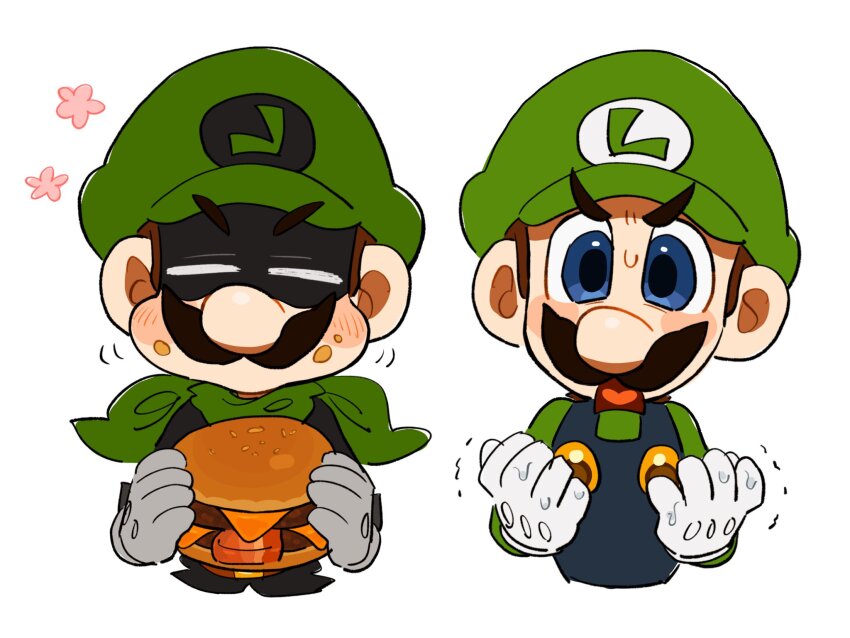 2boys angry ascot black_mask black_shirt blue_eyes blue_overalls brown_hair burger chewing closed_eyes eating facial_hair food gloves green_hat green_shirt hat highres holding holding_burger holding_food long_sleeves looking_at_viewer luigi mario_(series) mimimi_(mimimim9999) mr._l multiple_boys mustache nintendo open_mouth overalls paper_mario shirt short_hair super_paper_mario upper_body white_background white_gloves