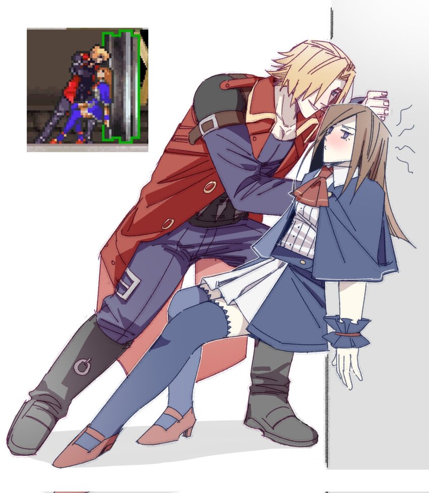 1boy 1girl ascot black_shirt blonde_hair blue_eyes blue_thighhighs blush brown_hair castlevania:_portrait_of_ruin castlevania_(series) charlotte_aulin hair_over_one_eye highres jacket jonathan_morris long_hair red_ascot red_jacket red_shoes reference_inset ryanvfjr shirt shoes skirt thighhighs white_shirt