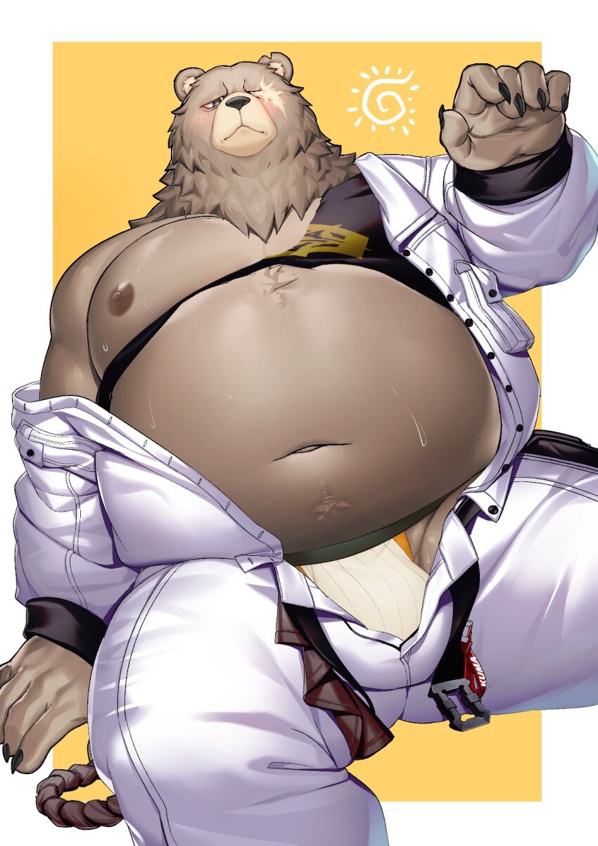 1boy animal_ears bara bear_boy bear_ears belly ben_bigger black_tank_top blush brown_fur bulge claws closed_eyes commentary english_commentary fat fat_man furrowed_brow furry furry_male highres jacket jockstrap looking_at_viewer looking_down male_focus male_underwear navel nipples notched_ear open_fly open_pants pants partially_undressed pectorals rashuubanana scar scar_across_eye scar_on_face sitting sweatdrop tank_top torn_clothes underwear white_jacket white_male_underwear white_pants zenless_zone_zero