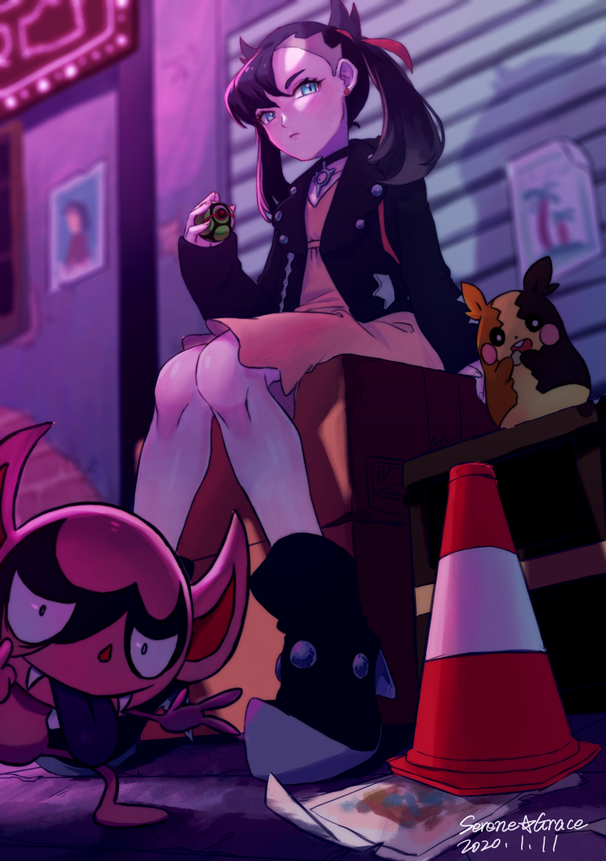 1girl absurdres akane_akane alley asymmetrical_bangs black_choker black_footwear black_hair black_jacket blurry blurry_background boots box choker closed_mouth commentary_request dress dusk_ball ear_piercing gen_8_pokemon green_eyes hair_ribbon highres holding holding_poke_ball impidimp in-universe_location jacket marnie_(pokemon) morpeko morpeko_(full) nintendo piercing pink_dress poke_ball pokemon pokemon_(creature) pokemon_swsh ribbon sitting spikemuth traffic_cone twintails undercut