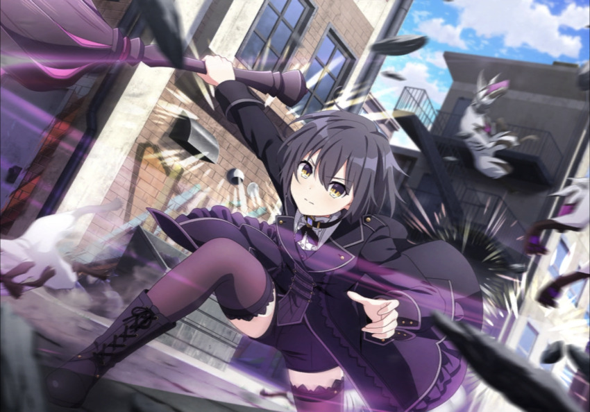 1girl black_coat black_footwear black_hair black_jacket black_ribbon black_shorts black_thighhighs black_vest boots breasts chloe_tang club_(weapon) coat engage_kill engage_kiss formal_clothes frilled_shirt frills game_cg hair_between_eyes highres holding holding_club holding_weapon jacket jewelry light_blush long_sleeves looking_at_viewer medium_breasts neck_ribbon non-web_source official_art outdoors ribbon shirt short_hair shorts solo_focus thighhighs vest weapon white_shirt yellow_eyes zettai_ryouiki