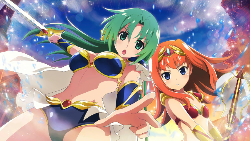 2girls :o arm_armor armor aura blue_eyes boobplate breastplate cape cowboy_shot day emphasis_lines from_below game_cg green_eyes green_hair hair_ribbon highres higurashi_no_naku_koro_ni higurashi_no_naku_koro_ni_mei holding holding_sword holding_weapon houtani_nao long_hair looking_at_viewer multiple_girls navel non-web_source official_art open_mouth orange_hair outdoors parted_lips reaching reaching_towards_viewer ribbon shoulder_armor sonozaki_shion standing sword v-shaped_eyebrows weapon white_cape yellow_ribbon