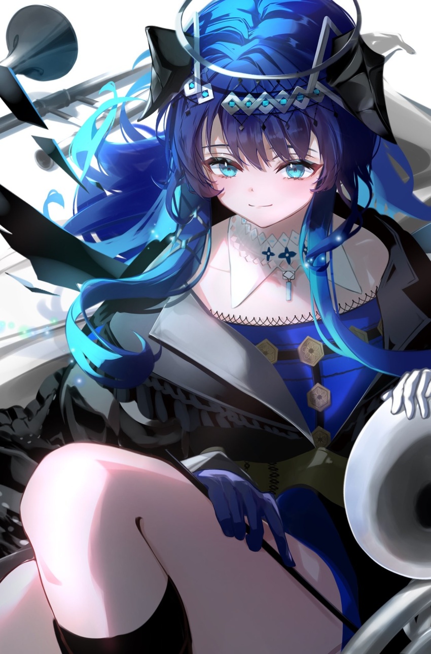 1girl ambience_synesthesia arknights asymmetrical_gloves black_dress black_horns black_wings blue_dress blue_eyes blue_gloves blue_hair closed_mouth collar commentary_request detached_collar detached_wings dress energy_wings gloves hair_between_eyes hair_ornament halo highres horns jewelry layered_dress light_blush long_hair mismatched_gloves mostima_(arknights) mostima_(ethereal_harmony)_(arknights) official_alternate_costume roki@ solo two-sided_dress two-sided_fabric white_background white_collar white_gloves wings