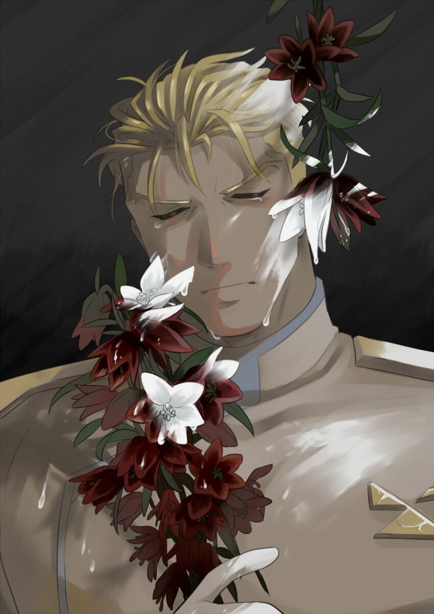 1boy black_background blonde_hair brown_flower closed_eyes closed_mouth coat crying facing_viewer flower flower_request highres holding holding_flower kray_foresight male_focus messy_hair multicolored_flower paint_on_body promare red_flower short_hair solo sumi_wo_hakuneko upper_body white_coat white_flower white_paint