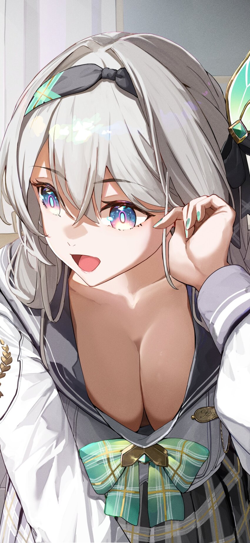 1girl absurdres ailushin black_hairband blue_eyes blue_pupils bow bowtie breasts checkered_clothes checkered_skirt cleavage downblouse extended_downblouse firefly_(honkai:_star_rail) firefly_(spring_missive)_(honkai:_star_rail) green_bow green_bowtie grey_hair grey_sailor_collar grey_skirt hairband highres honkai:_star_rail honkai_(series) indoors large_breasts leaning_forward looking_to_the_side multicolored_eyes official_alternate_costume open_mouth plaid_bow plaid_bowtie plaid_clothes plaid_skirt purple_eyes sailor_collar shirt skirt solo two-tone_eyes white_shirt