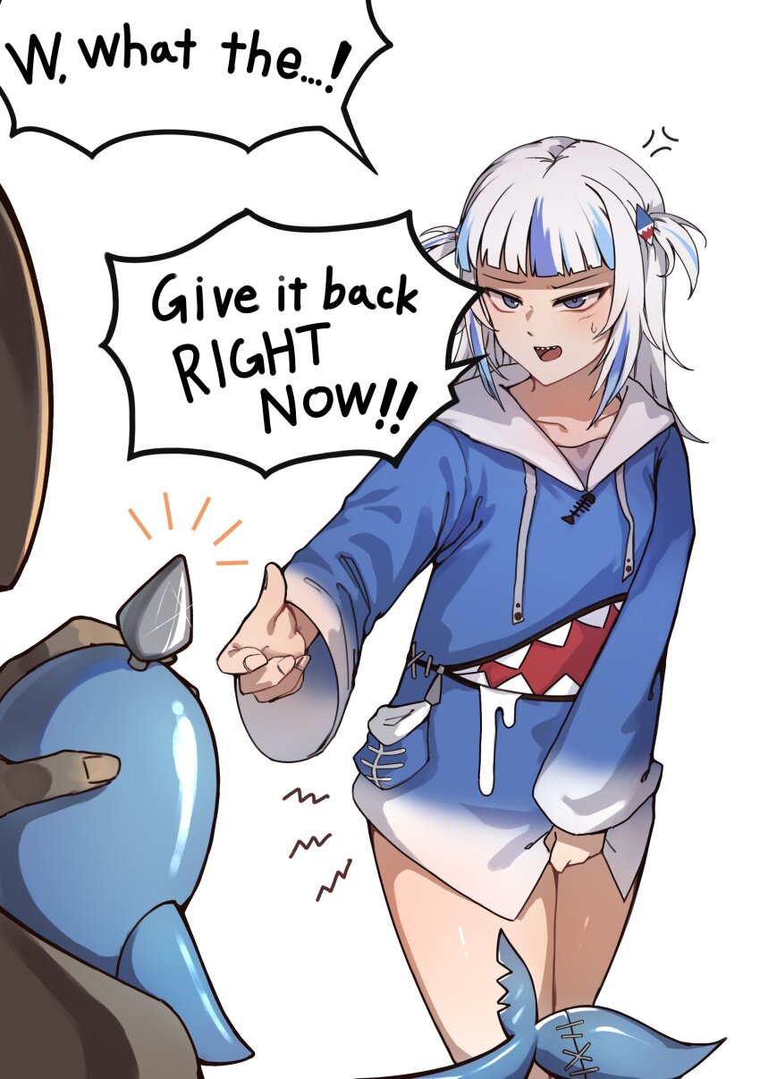 1boy 1girl absurdres anal_beads anal_tail animal_costume animal_hood annoyed blue_eyes blue_hair blue_hoodie blunt_bangs butt_plug english_text fake_tail fins fish_tail gawr_gura gawr_gura_(1st_costume) grey_hair hair_ornament highres hololive hololive_english hood hoodie implied_object_insertion implied_tail_plug iver_(reviolet) long_sleeves multicolored_hair open_mouth sex_toy shark_costume shark_girl shark_hair_ornament shark_hood shark_print shark_tail sharp_teeth speech_bubble streaked_hair tail teeth two_side_up unworn_butt_plug virtual_youtuber white_background