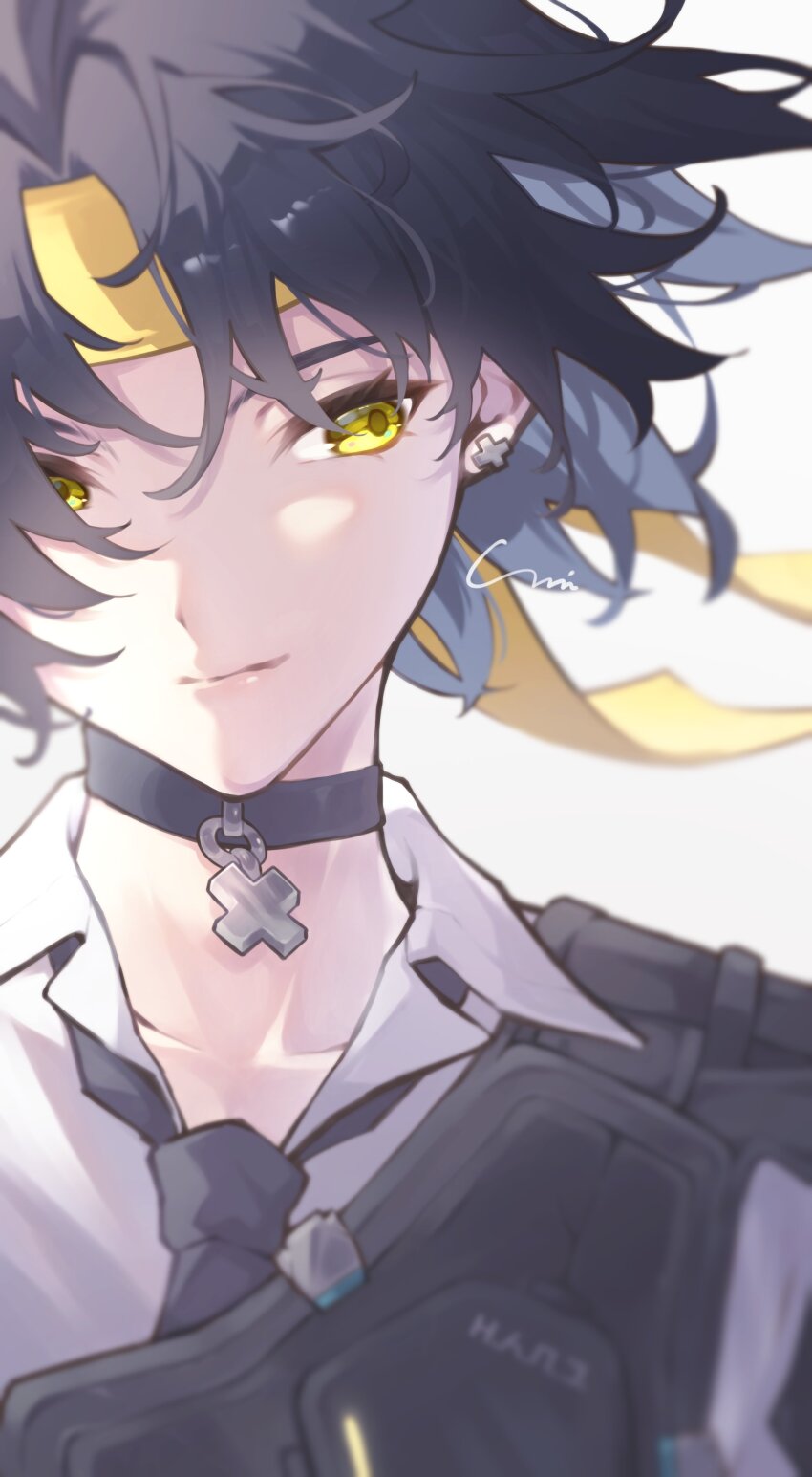 1boy absurdres armor asaba_harumasa black_choker black_hair black_necktie choker closed_mouth collarbone commentary_request earrings hair_between_eyes headband highres jewelry looking_to_the_side male_focus necktie parted_bangs portrait shirt short_hair shoulder_armor simple_background solo white_background white_shirt yellow_eyes yellow_headband yuni_(unitary_580) zenless_zone_zero