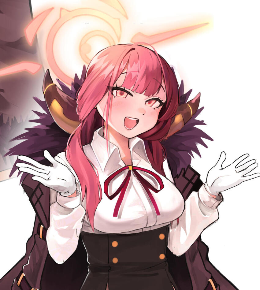 1girl aru_(blue_archive) blue_archive halo highres horns image_sample kumaartsu red_eyes red_hair school_uniform twitter_sample white_background