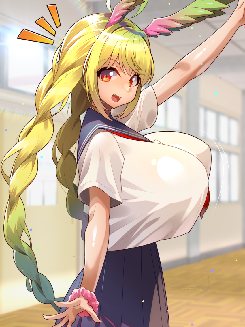 1girl :d arm_scrunchie blonde_hair blue_sailor_collar blue_skirt bouncing_breasts braid breasts ceiling feathered_wings feathers gradient_hair gradient_wings green_hair green_wings hallway head_wings highres huge_breasts light_particles motion_lines multicolored_hair multicolored_wings neckerchief neckerchief_between_breasts open_mouth original pink_scrunchie pink_wings pleated_skirt red_eyes sailor_collar school school_uniform scrunchie serafuku shiny_skin skirt smile solo teeth tile_ceiling tiles twin_braids two-tone_hair two-tone_wings umigarasu_(kitsune1963) upper_teeth_only window wings wooden_floor