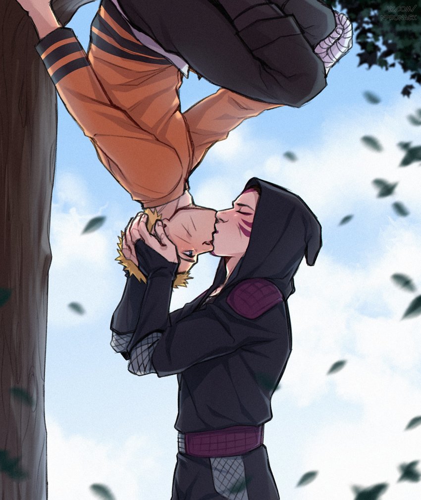 2boys alek_reyes bandaged_hand bandages blonde_hair blue_eyes blurry depth_of_field closed_eyes facial_mark hanging_from_tree highres hood jacket kankurou_(naruto) kiss leaf male_focus multiple_boys naruto_(series) ninja orange_jacket outdoors tree upside-down uzumaki_naruto yaoi