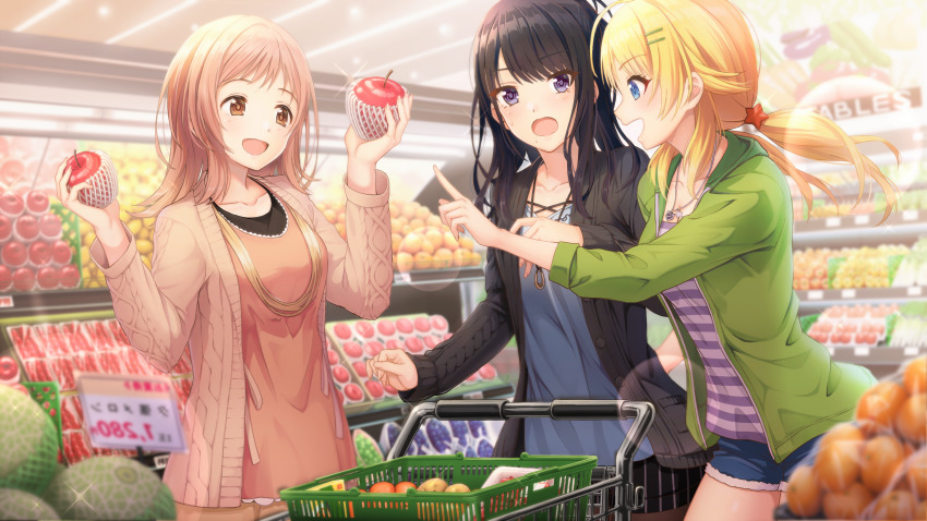 3girls :d :o absurdres apple black_hair black_shorts blonde_hair blue_eyes blue_shorts blurry blush bowl breasts brown_eyes brown_hair cardigan commentary_request cowboy_shot cucumber depth_of_field eggplant flipped_hair food fruit glint grapes hachimiya_meguru hair_ornament hairclip highres holding holding_food holding_fruit idolmaster idolmaster_shiny_colors indoors jewelry kazano_hiori long_hair long_sleeves looking_at_another looking_at_viewer low_twintails macha0331 medium_breasts medium_hair melon multiple_girls necklace net open_cardigan open_clothes open_mouth orange_(fruit) pendant potato profile purple_eyes red_pepper sakuragi_mano shirt shopping shopping_basket shopping_cart shorts sidelocks slice_of_life smile star_(symbol) star_hair_ornament star_necklace striped_clothes striped_shirt supermarket sweater swept_bangs tomato twintails undershirt vegetable