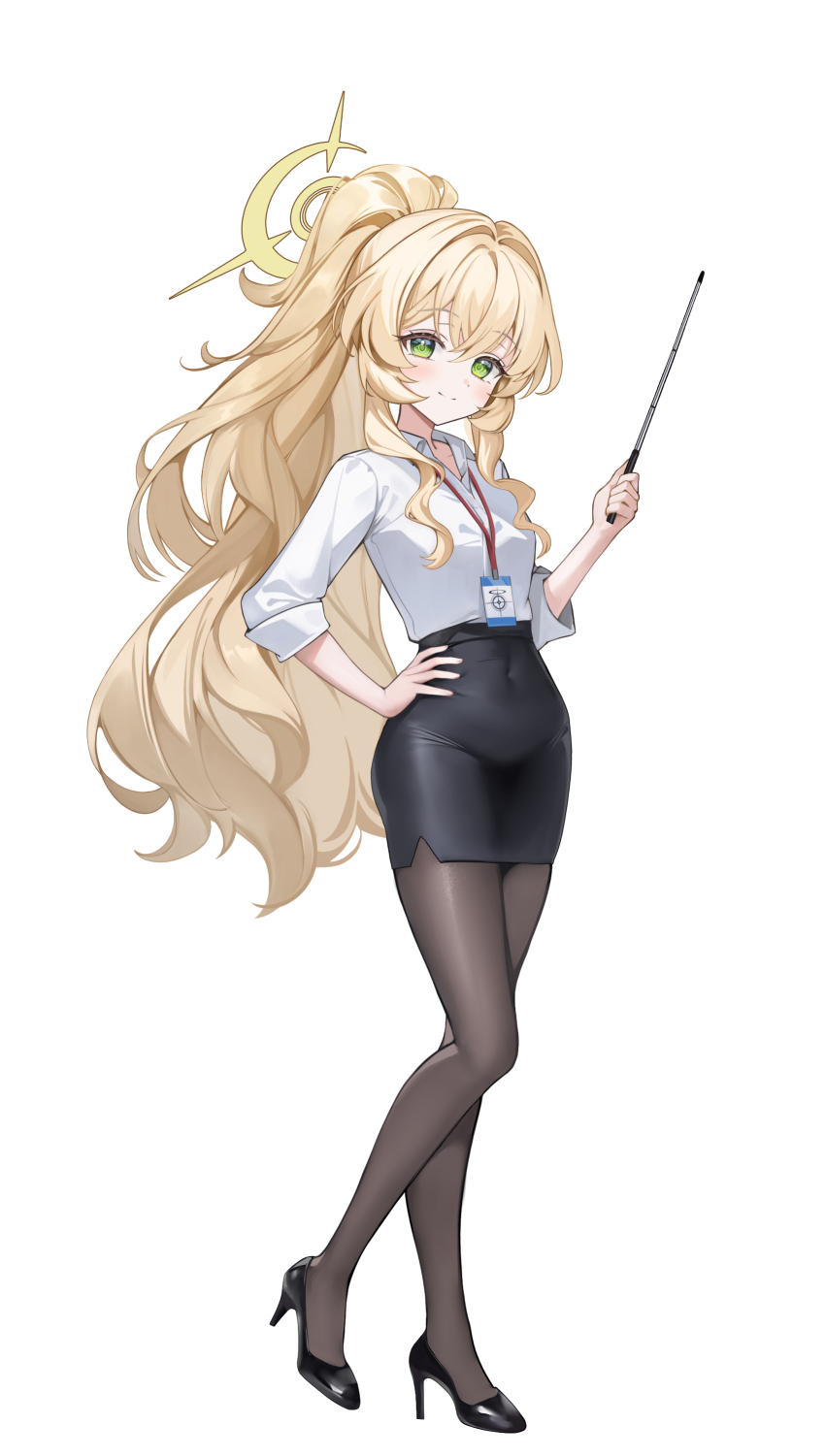 1girl absurdres black_shoes black_skirt blonde_hair blue_archive brown_pantyhose collared_shirt covered_navel fluffy_hair foka_(beginner) green_eyes hair_between_eyes halo hand_on_own_hip high_heels highres holding holding_pointer long_hair looking_at_viewer pantyhose pencil_skirt pointer ponytail professor_niyaniya_(blue_archive) professor_niyaniya_(teacher)_(blue_archive) shirt shirt_tucked_in shoes simple_background skirt sleeves_rolled_up smile solo teacher very_long_hair white_background white_shirt