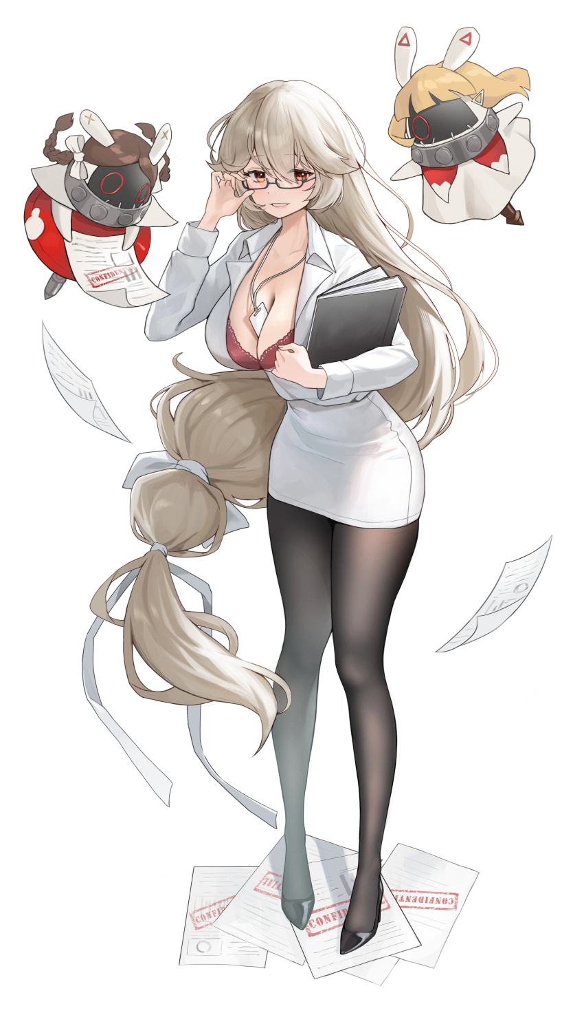 1girl absurdres adjusting_eyewear alexandrina_sebastiane anastella_(zenless_zone_zero) between_breasts binder black_pantyhose bra breasts card card_between_breasts center_opening cleavage clenched_teeth collared_shirt dang_geun23283 drusilla_(zenless_zone_zero) falling_paper full_body glasses high_heels highres holding_binder id_card lanyard large_breasts light_brown_hair long_hair looking_at_viewer low-tied_long_hair office_lady open_mouth pantyhose pencil_skirt red_bra red_eyes shirt simple_background skirt solo teeth underwear very_long_hair white_background white_shirt white_skirt zenless_zone_zero