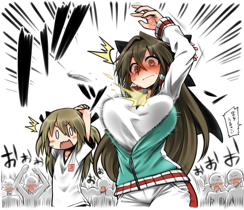 ^^^ 0_0 2girls arms_up blush bow breast_envy breasts brown_eyes brown_hair bursting_breasts buruma crowd full-face_blush gym_uniform hair_bow hair_intakes hair_ribbon inconvenient_breasts jacket kagami_ryouko kanayama_nao large_breasts long_hair multiple_girls open_clothes open_jacket open_mouth original ribbon stretching track_jacket track_suit translation_request twintails wardrobe_malfunction wavy_mouth yoshida_hideyuki