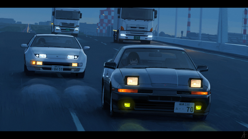 1girl 2girls absurdres black_hair blue_eyes blue_sky box_truck car commentary_request dawn driving gradient_sky highres highway lamppost letterboxed license_plate motor_vehicle multi-lane_road multiple_girls nissan nissan_300zx nissan_300zx_(z32) nissan_fairlady_z original outdoors road rudeko32 scenery sky sports_car toyota toyota_supra toyota_supra_mk_iii truck vehicle_focus