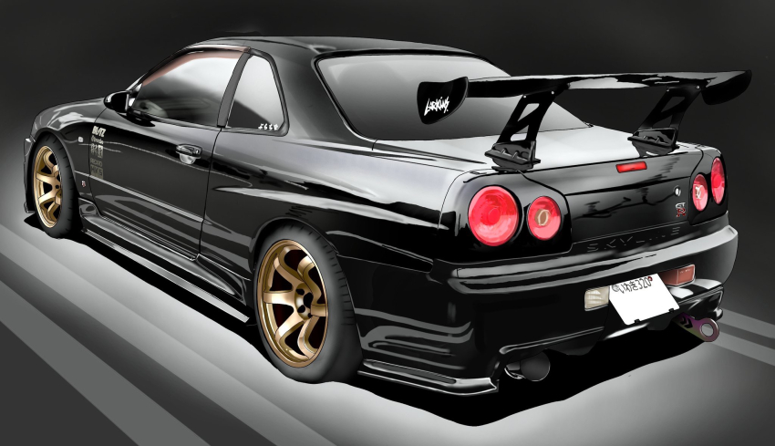 black_car black_theme car highres license_plate masshou-san motor_vehicle nissan_skyline nissan_skyline_gt-r nissan_skyline_r34 no_humans original shadow spoiler_(automobile) sports_car vehicle_focus